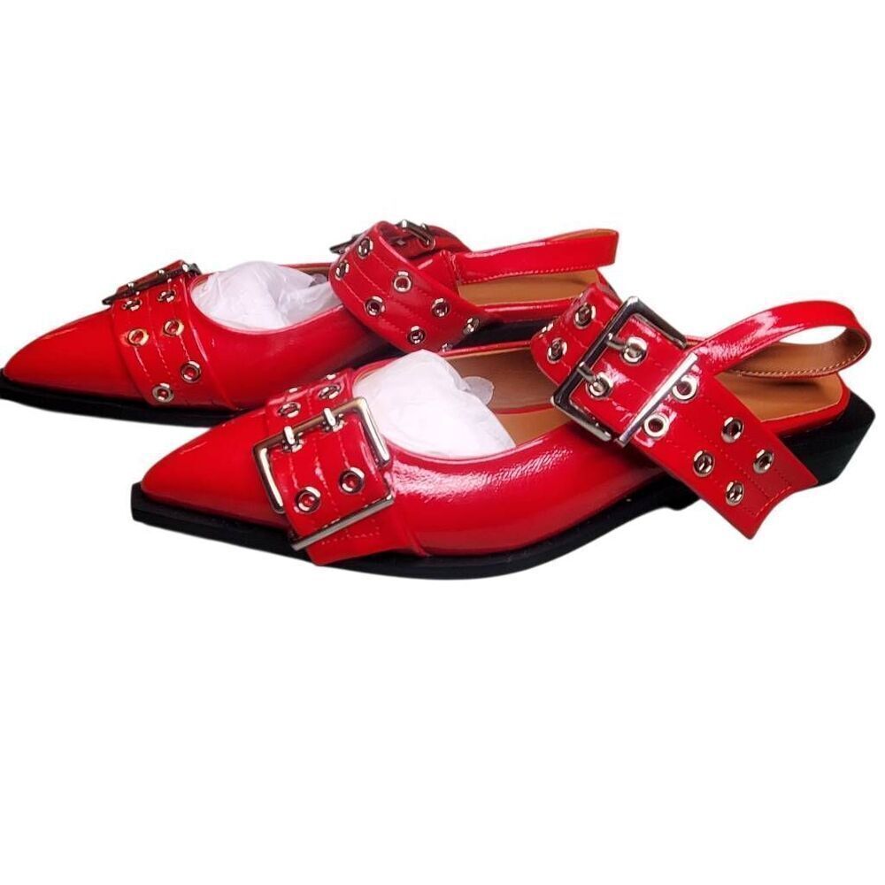 Red Chunky Buckle Slingback Punk Goth Flats Women's Size 9 Pointed Toe - Picture 3 of 6